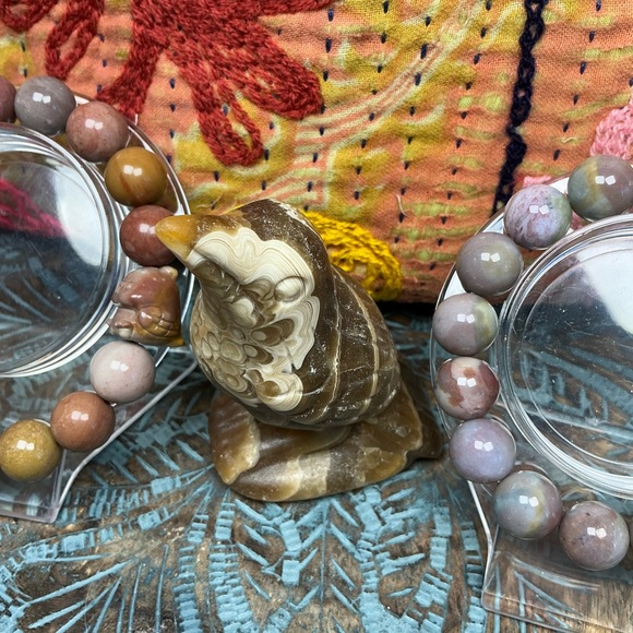 The Birdhouse Set: Kantha Pouch,Alashan Bracelets with Chickadee & Owl, Crow - Picture 3 of 7